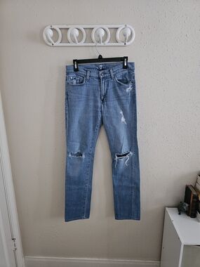 7 For All Mankind Light Blue Slim Straight Jeans with Knee Rips